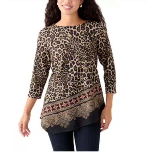 Ruby Rd Women Petite Animal Leopard Print Hacci Knit Top Asymmetric Paisley Hem - Picture 1 of 8